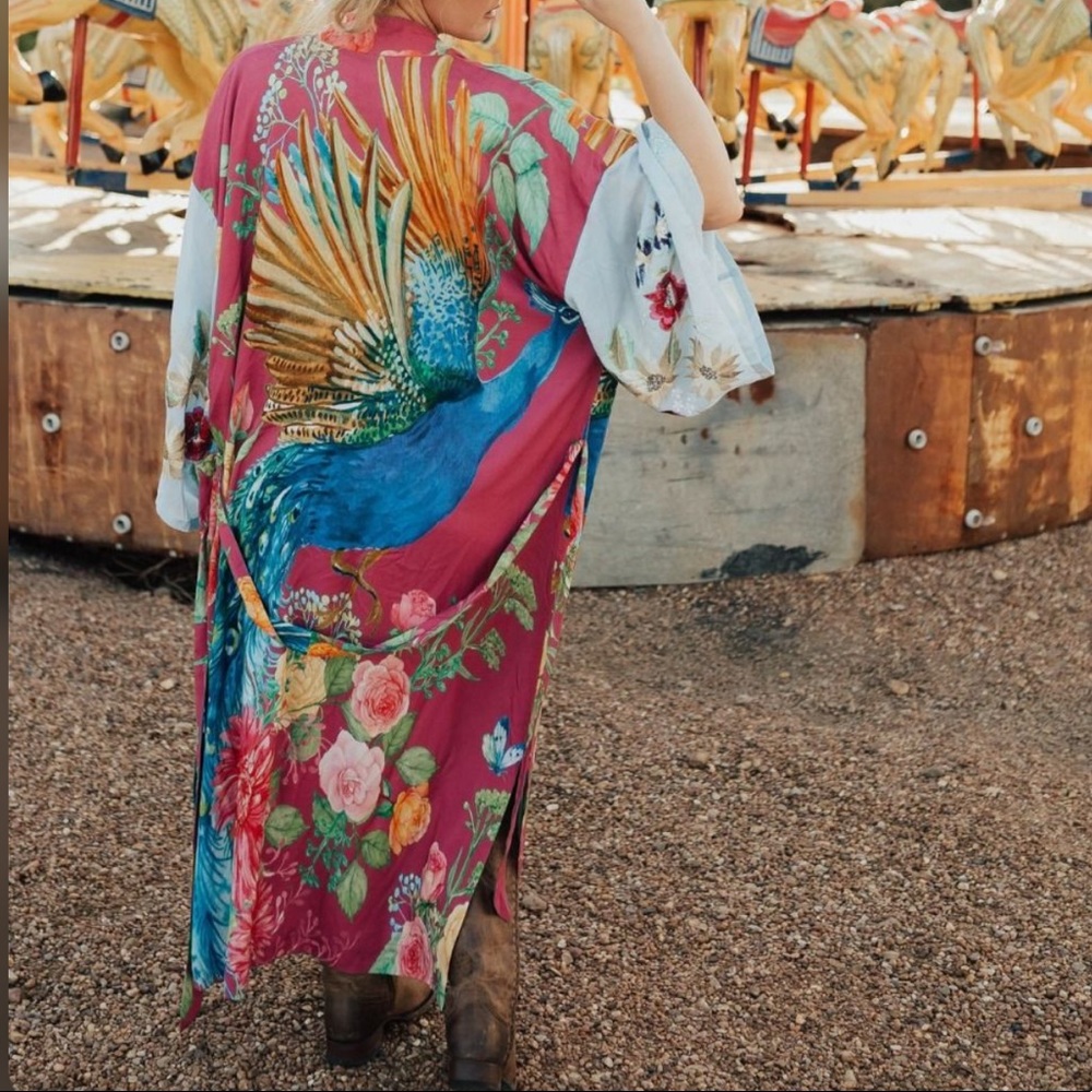 The Marie Antoinette Boho Double Layer Luxury Kimono Duster In Bird Floral Print - Picture 12 of 13